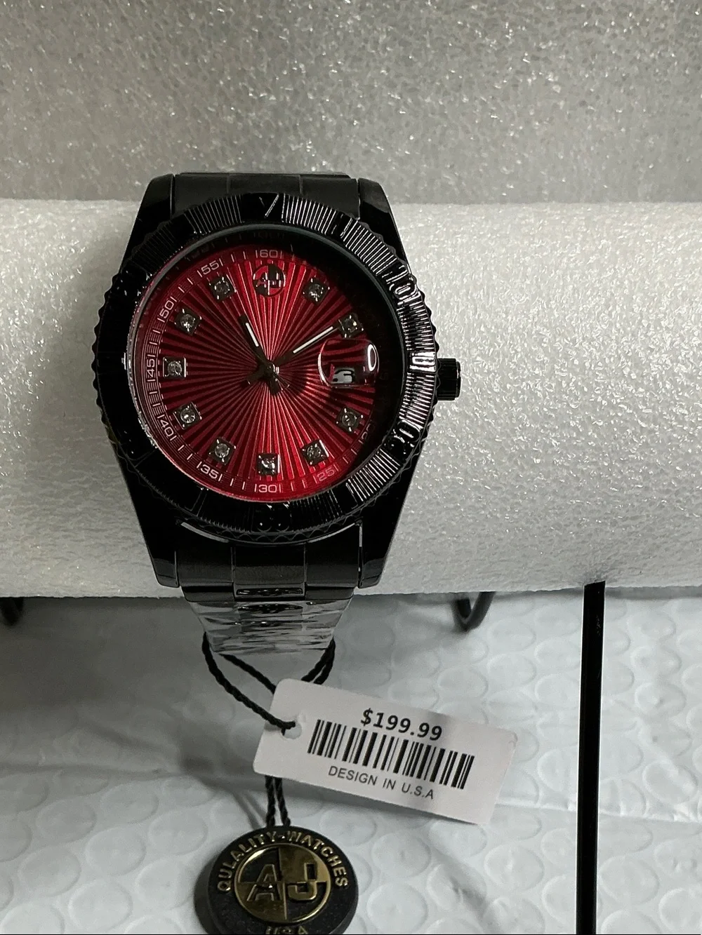 Men's Black Metal Bracelet Watch with Red Radiant Dial